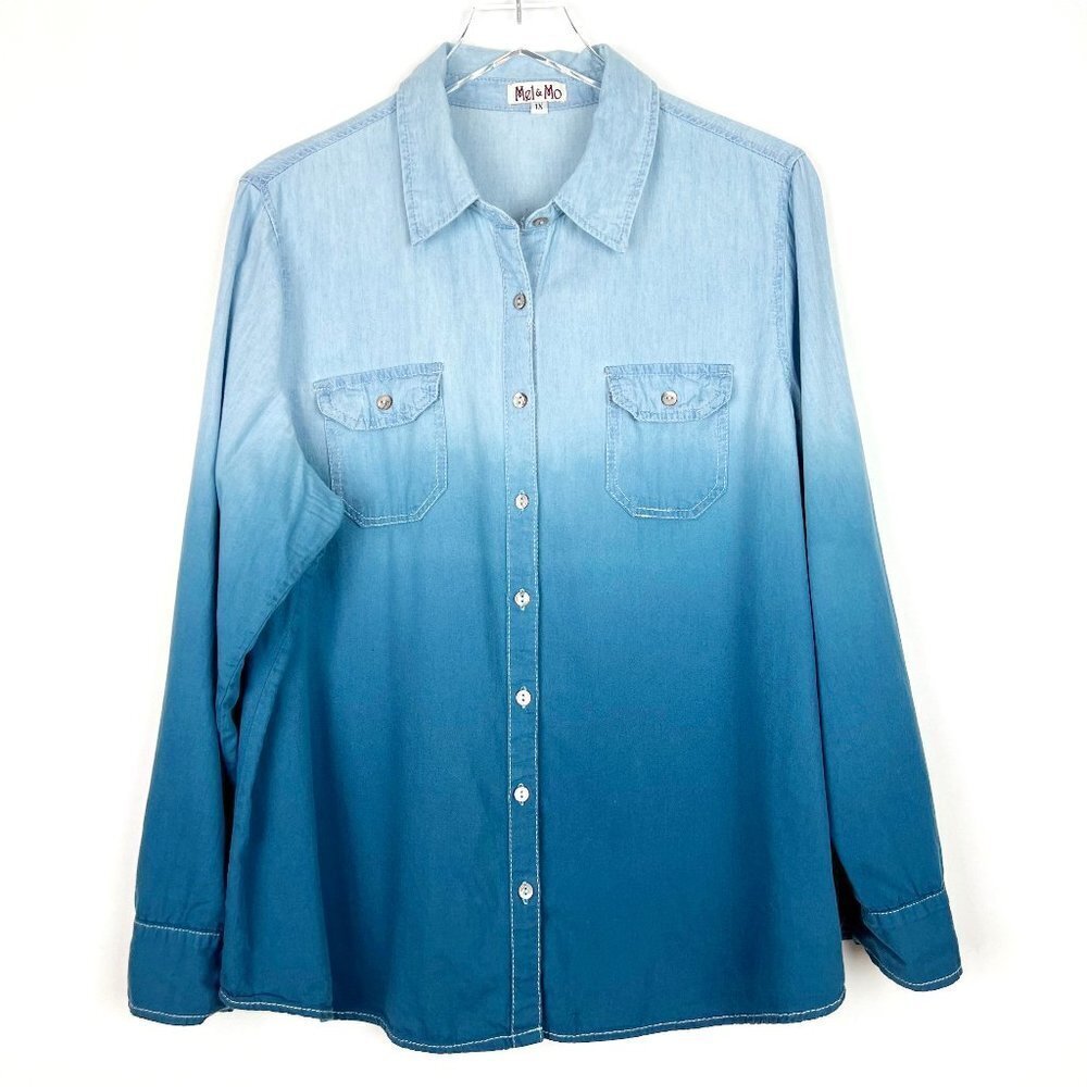 Mel & Mo Dip Dye Chambray Shirt Women's Size 1X Blue Ombre Boho Bohemian Casual